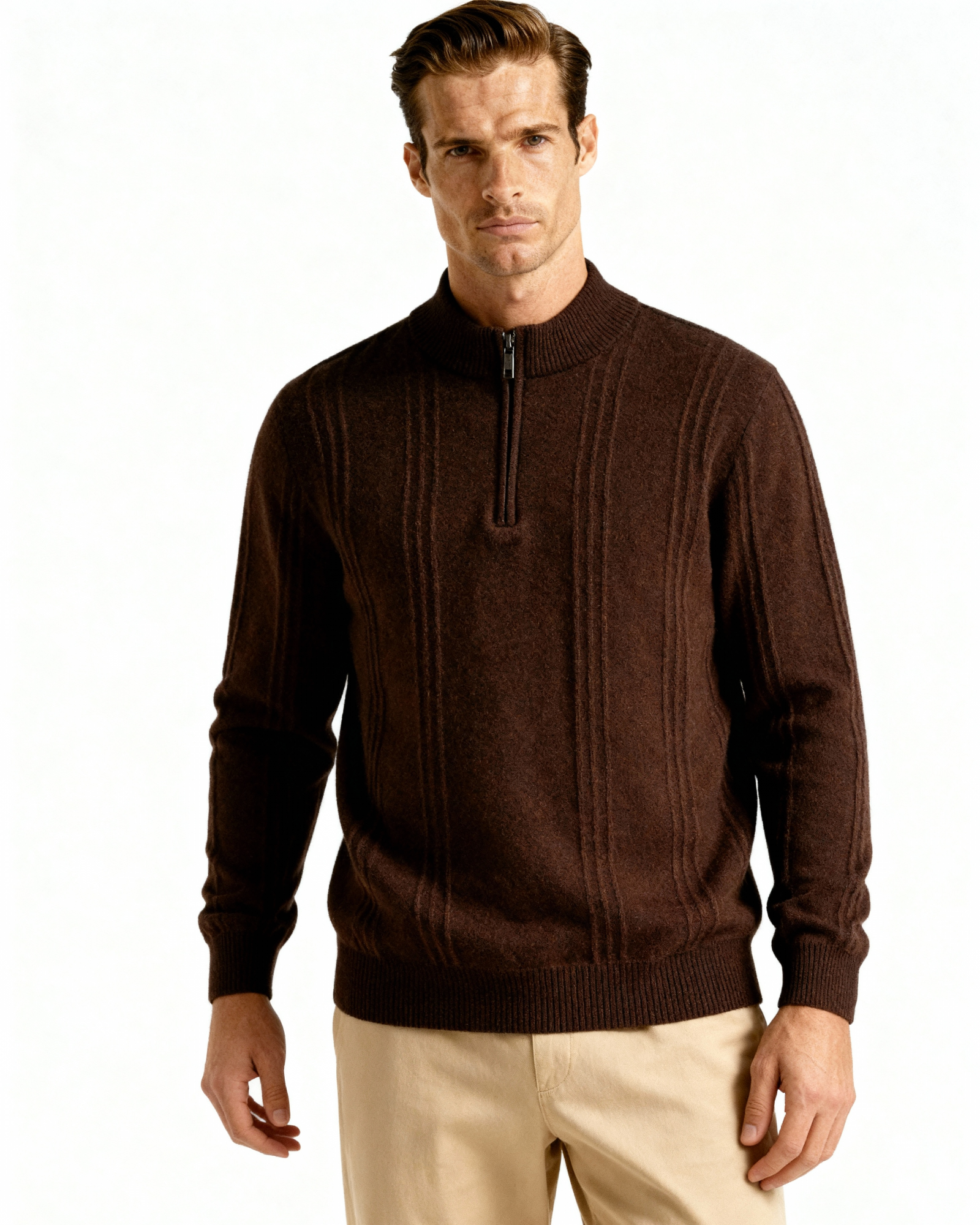 VELMAR | Herren Kaschmir-Strickpullover mit Reißverschluss Stehkragen