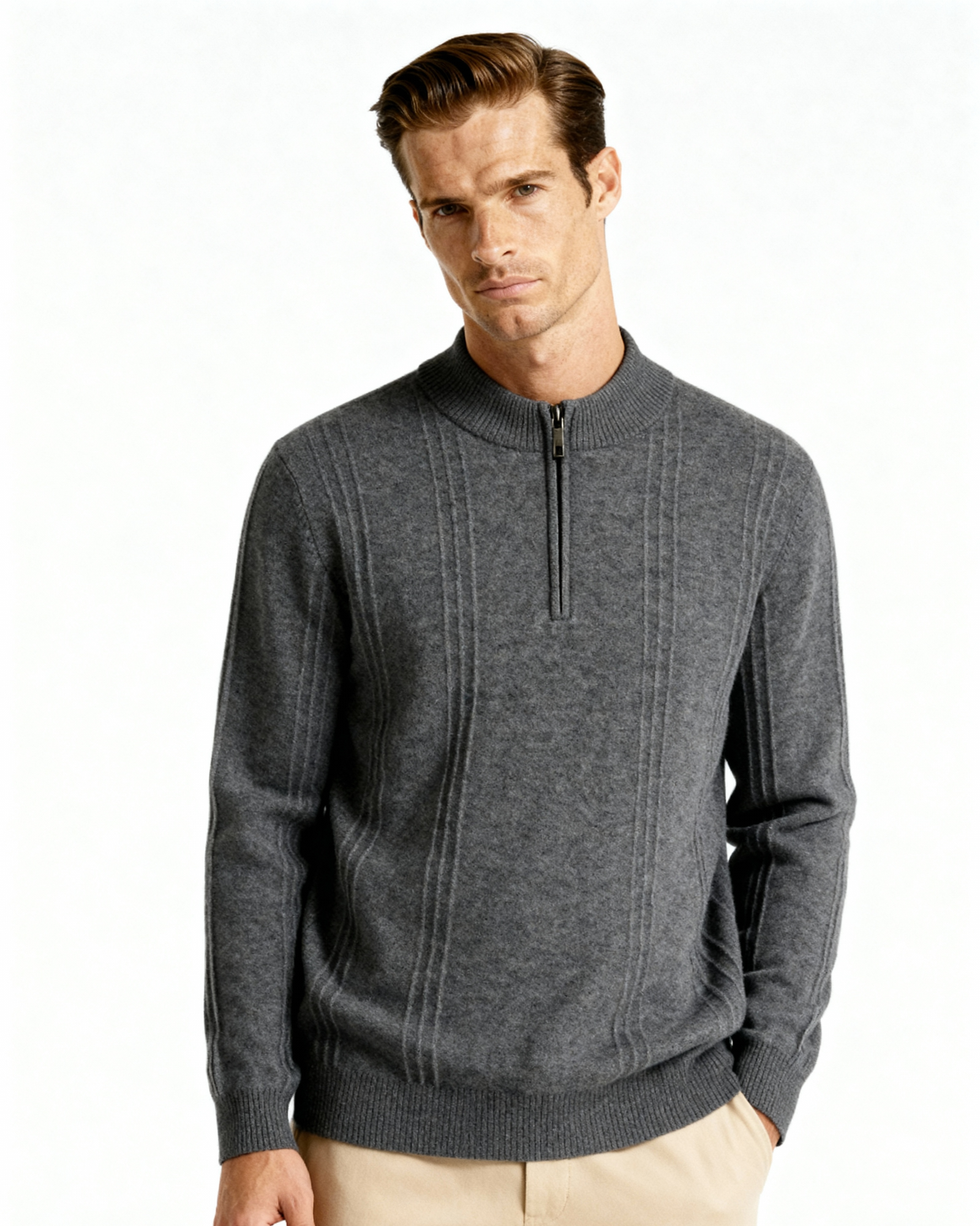 VELMAR | Herren Kaschmir-Strickpullover mit Reißverschluss Stehkragen
