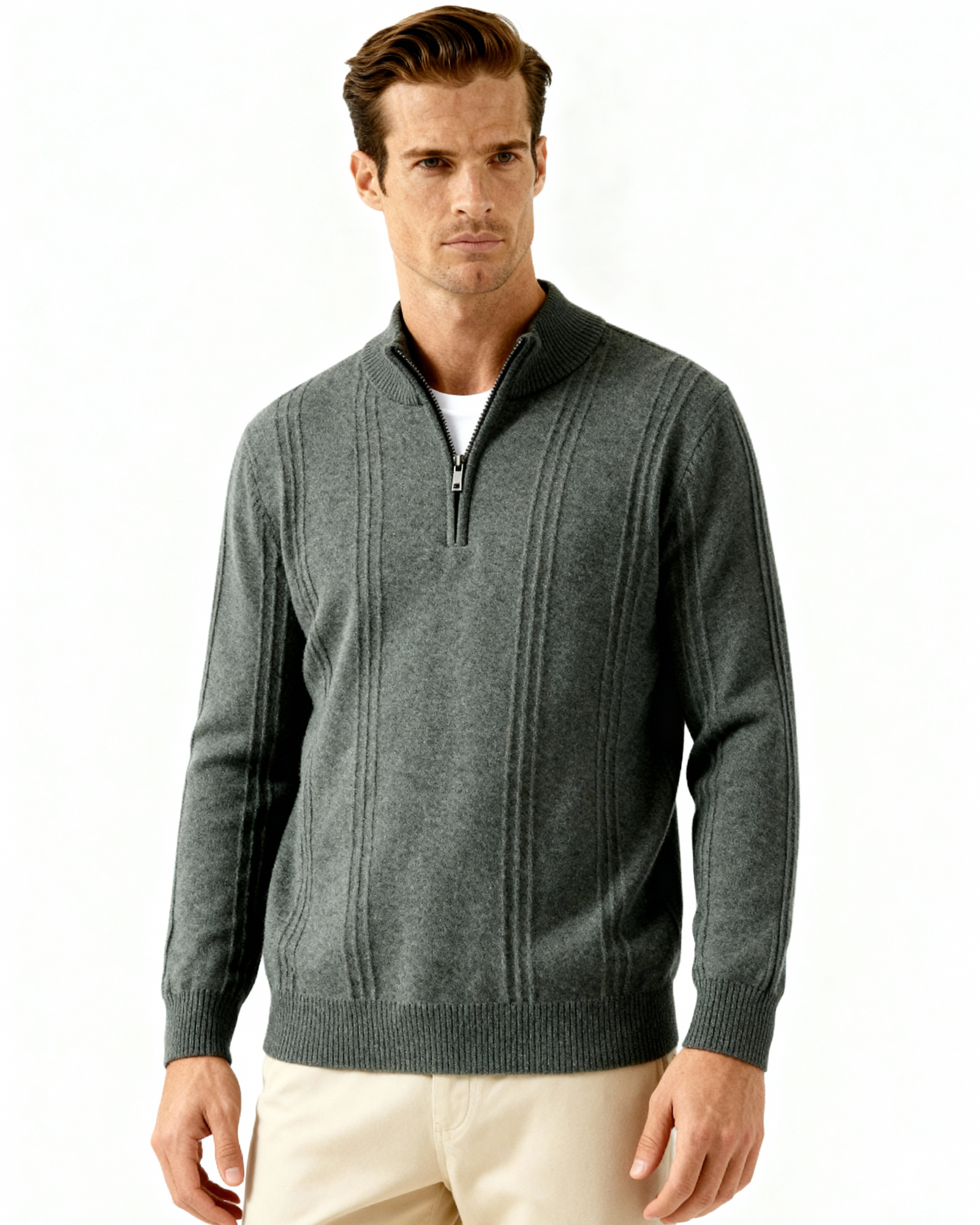 VELMAR | Herren Kaschmir-Strickpullover mit Reißverschluss Stehkragen
