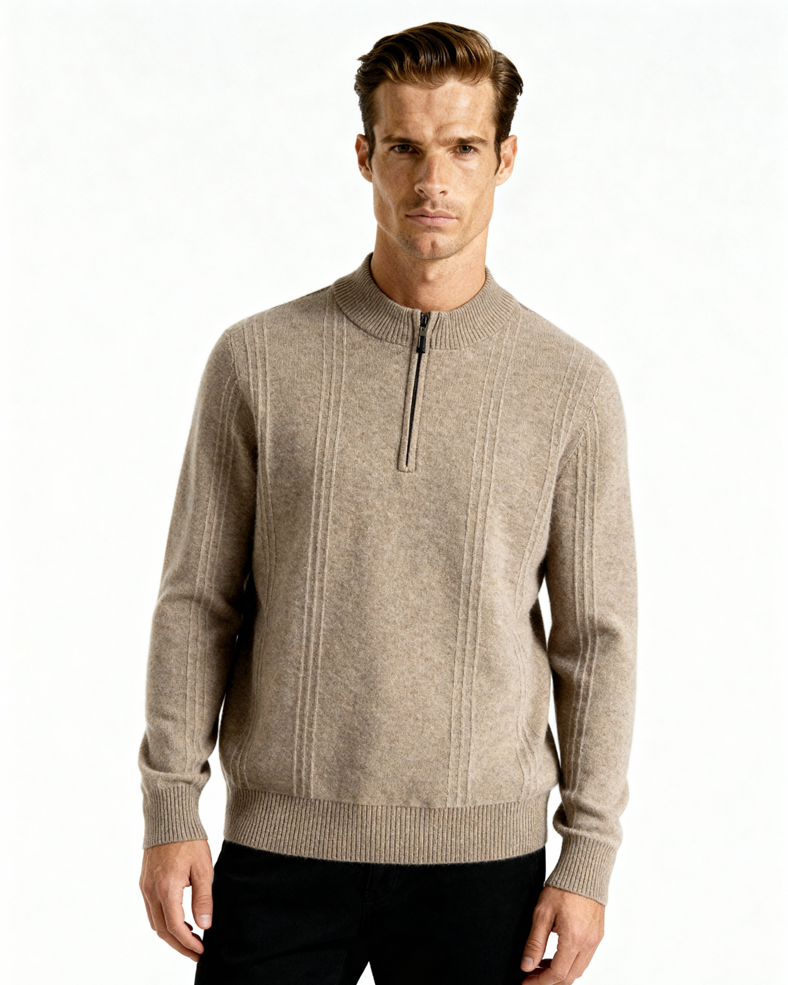 VELMAR | Herren Kaschmir-Strickpullover mit Reißverschluss Stehkragen