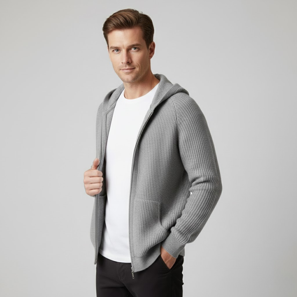 VELMAR | Merinowolle Herren Zip Hoodie – Rippstrick, Extra Fein