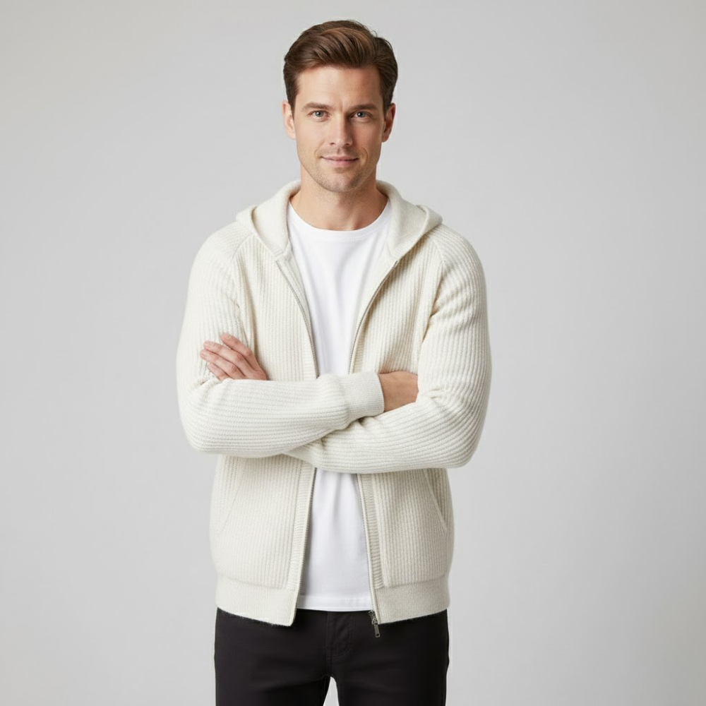 VELMAR | Merinowolle Herren Zip Hoodie – Rippstrick, Extra Fein