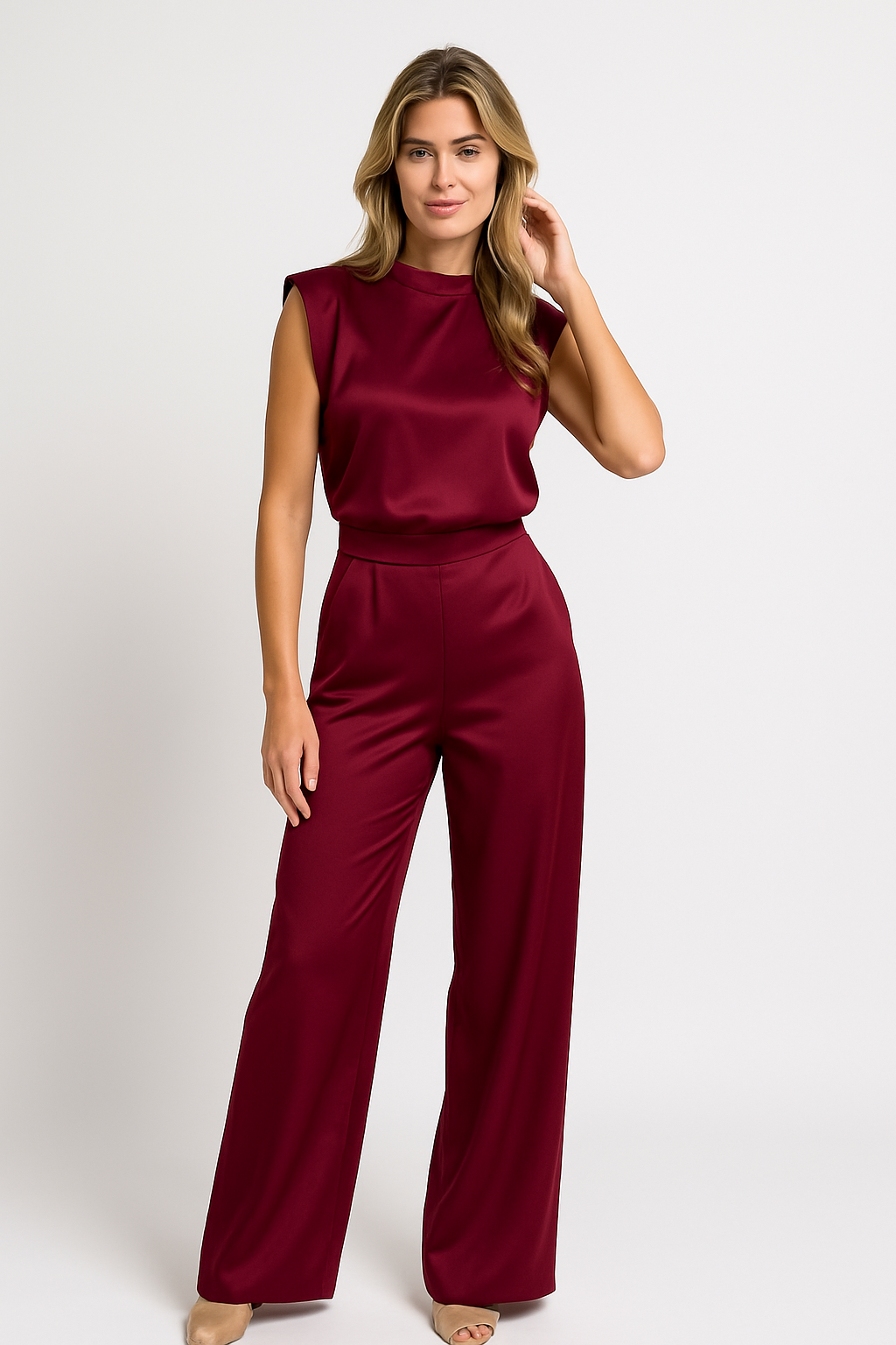 VELMAR | Damen Jumpsuit in Satin-Optik kaufen – Ärmellos, Weites Bein, Offener Rücken