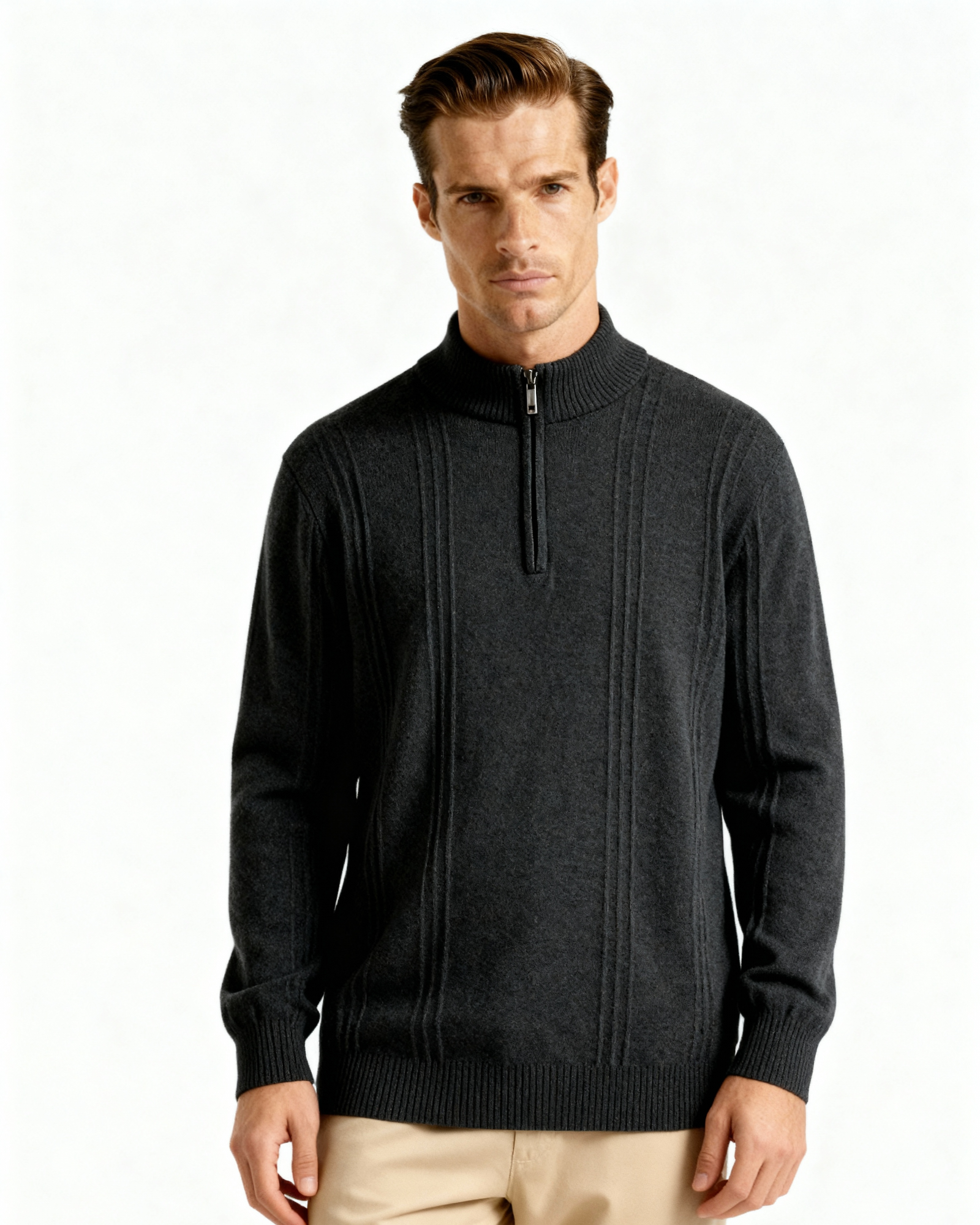 VELMAR | Herren Kaschmir-Strickpullover mit Reißverschluss Stehkragen